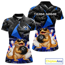 Load image into Gallery viewer, Custom blue bearded dragon bowling jersey for women, personalized team bowling polo shirt front view and back view