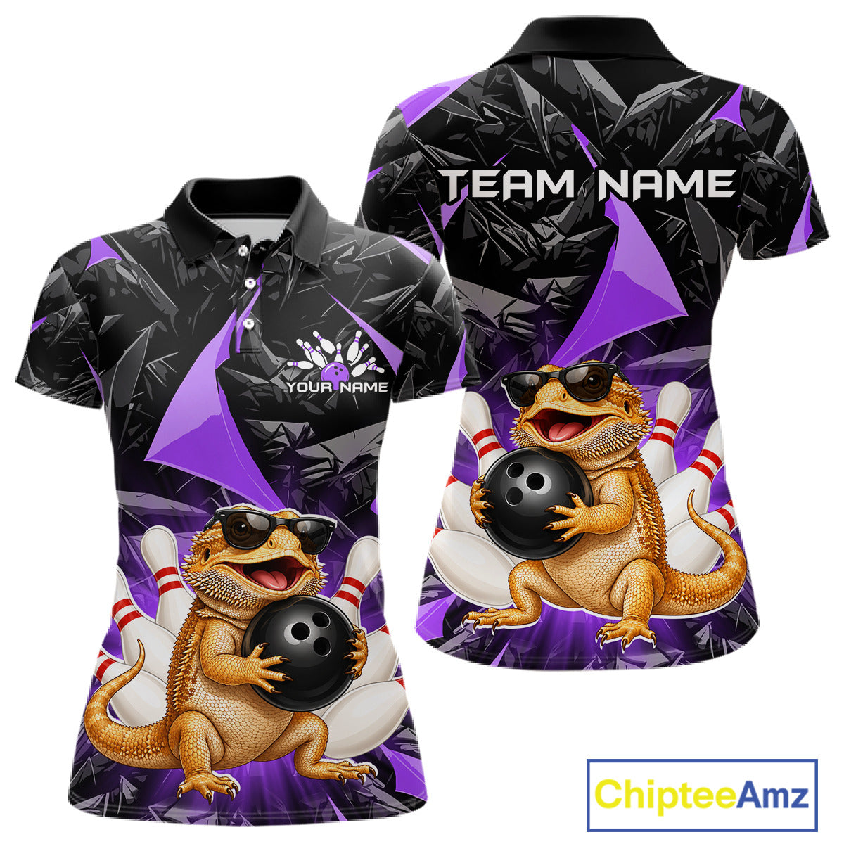 Custom purple bearded dragon bowling jersey for women, personalized team bowling polo shirt front view and back view