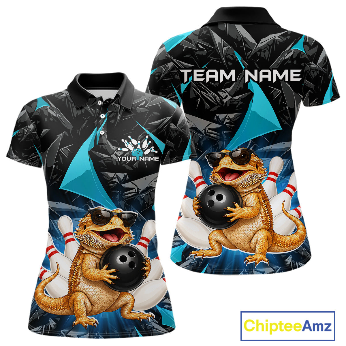 Custom turquoise bearded dragon bowling jersey for women, personalized team bowling polo shirt front view and back view