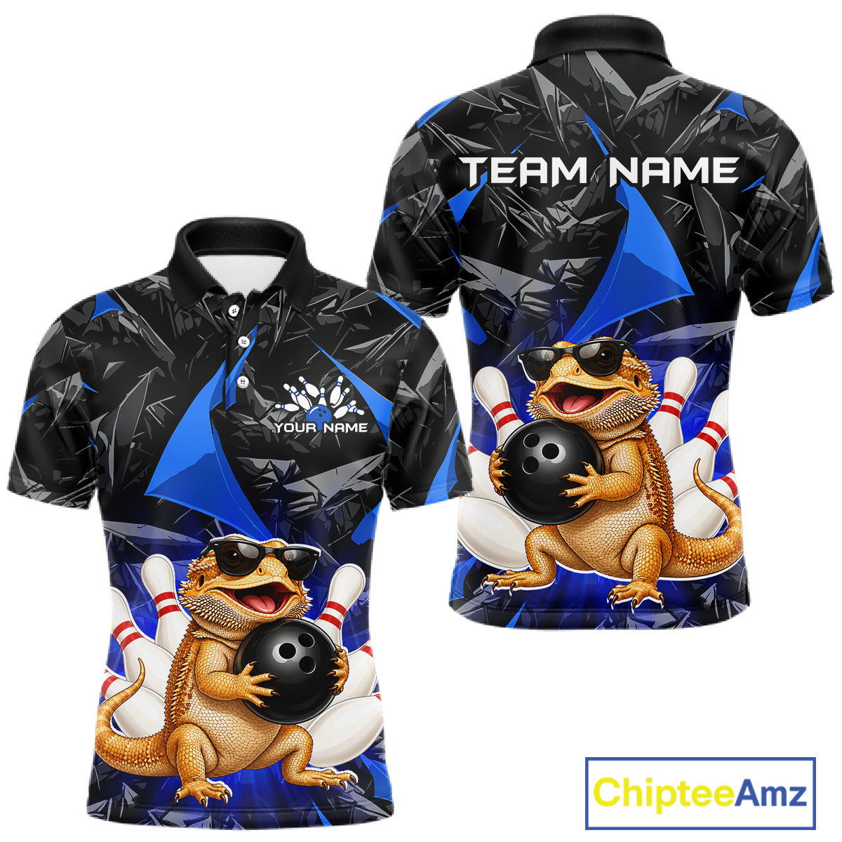 Custom blue bearded dragon bowling jersey for men, personalized team bowling polo shirt front view and back view