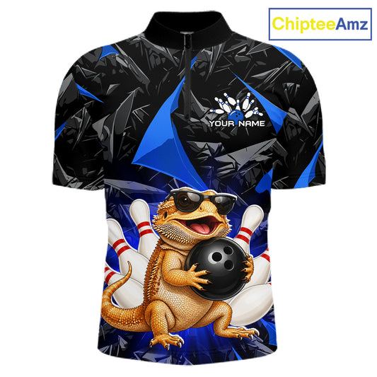 Custom blue bearded dragon bowling jersey for men, personalized team bowling quarter zip shirt front view