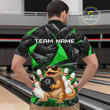 Load image into Gallery viewer, Men’s green bearded dragon bowling quarter zip shirt, back view on male model in bowling lane 