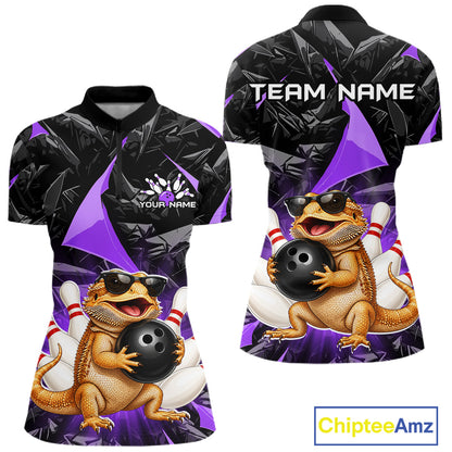 Custom purple bearded dragon bowling jersey for women, personalized team bowling quarter zip shirt front view and back view
