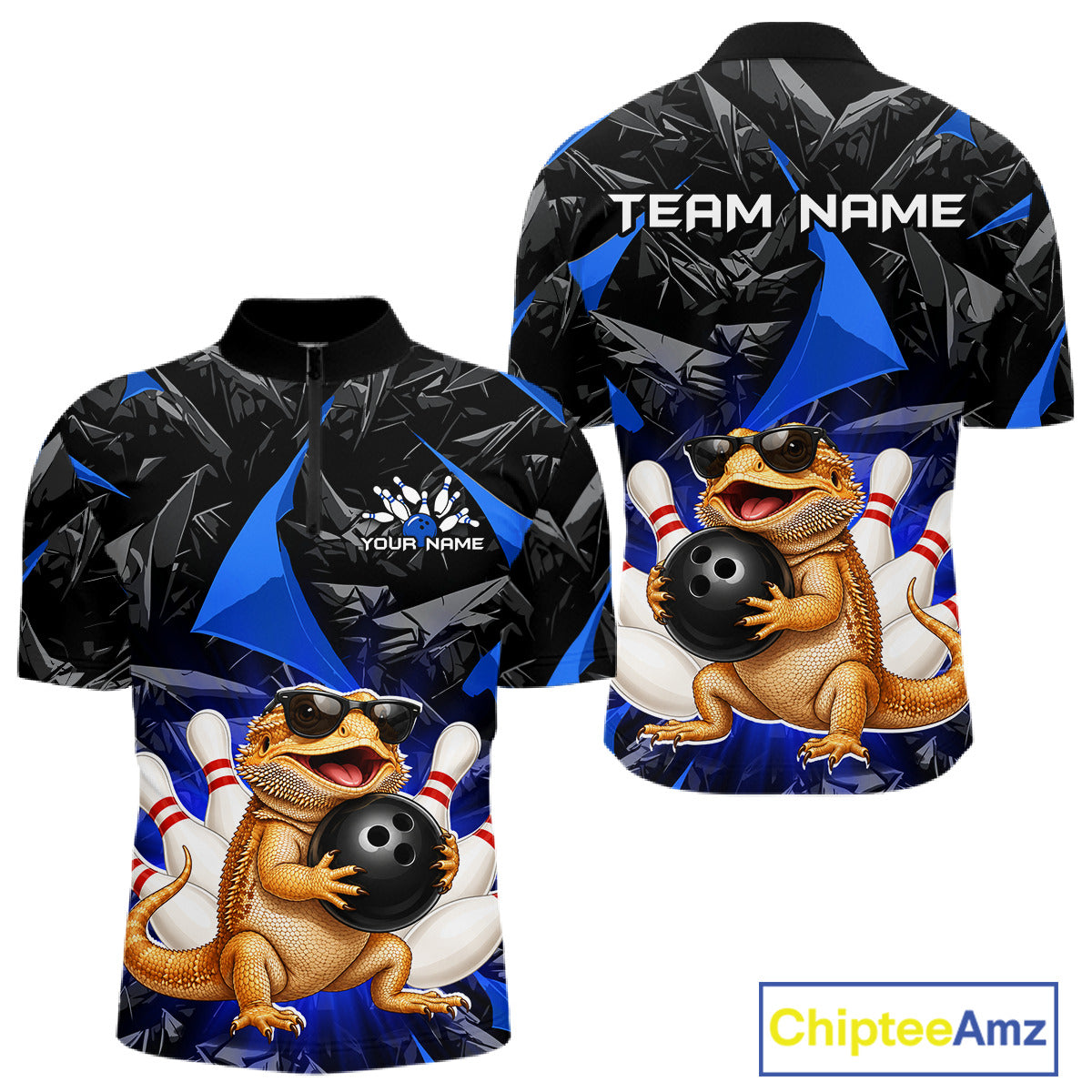 Custom blue bearded dragon bowling jersey for men, personalized team bowling quarter zip shirt front view and back view
