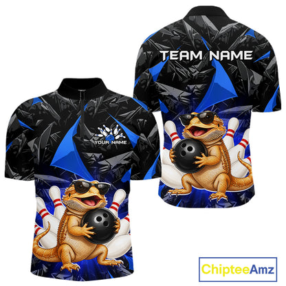 Custom blue bearded dragon bowling jersey for men, personalized team bowling quarter zip shirt front view and back view