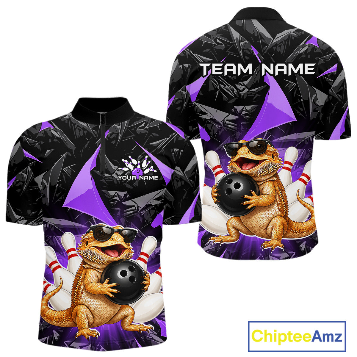 Custom purple bearded dragon bowling jersey for men, personalized team bowling quarter zip shirt front view and back view