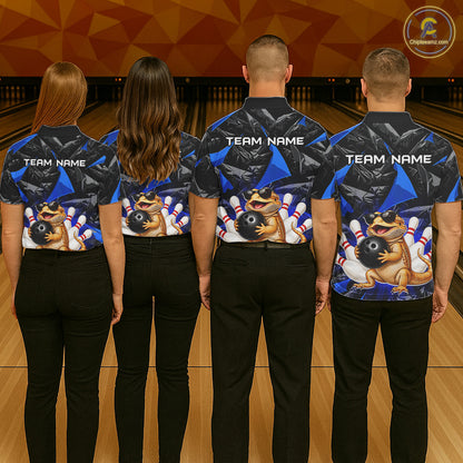 Group of bowlers in blue bearded dragon team shirts, personalized bowling uniforms back view.