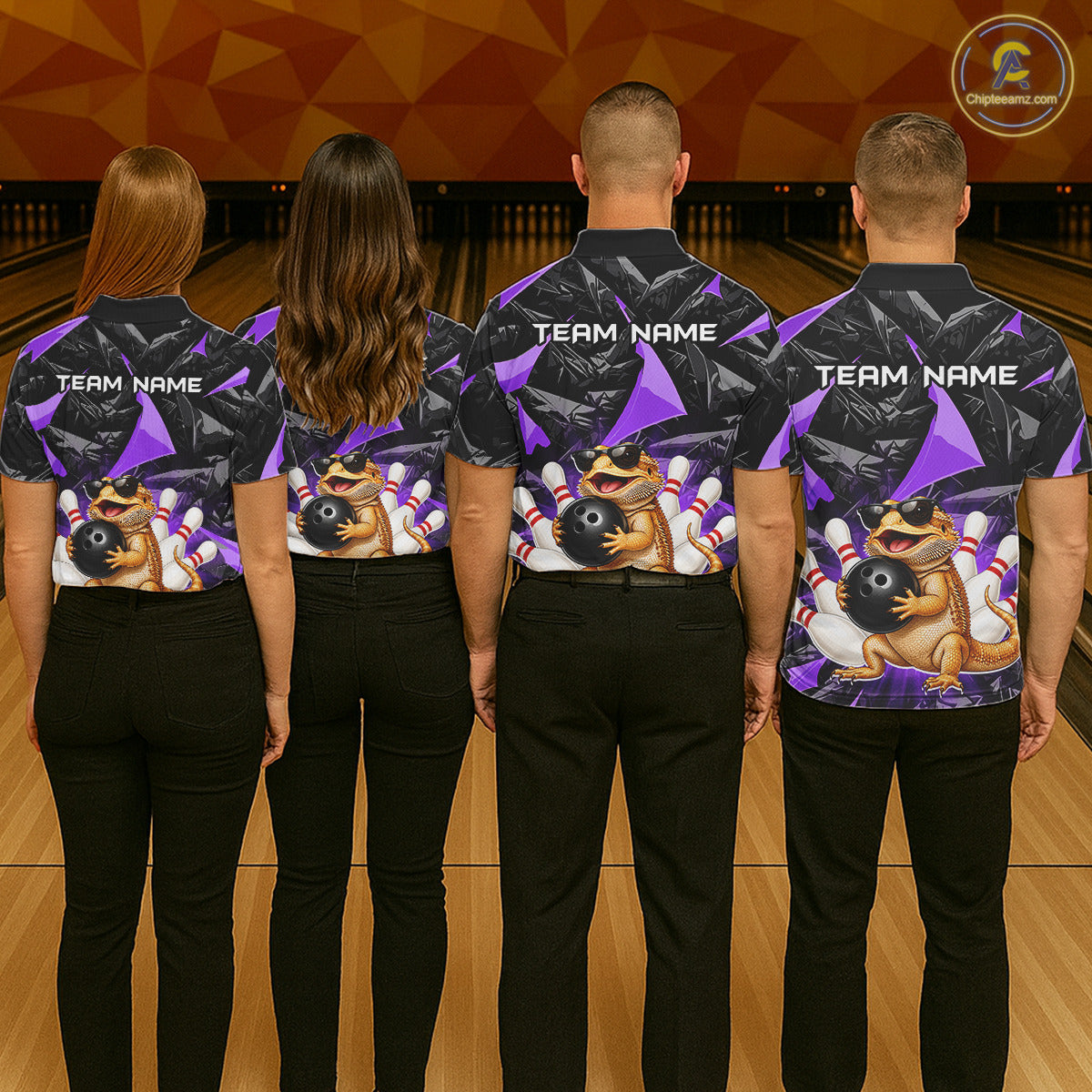 Group of bowlers in purple bearded dragon team shirts, personalized bowling uniforms back view.
