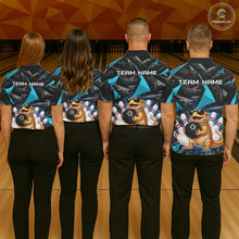 Load image into Gallery viewer, Group of bowlers in turquoise bearded dragon team shirts, personalized bowling uniforms back view.