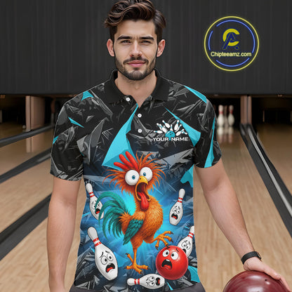 A man wearing a short-sleeve polo shirt with a colorful cartoon graphic of a rooster, bowling pins, and a red bowling ball on a bowling alley background. A circular 'ChipteeAmz.