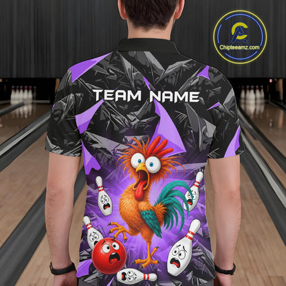 A person viewed from behind wearing a short-sleeve bowling-themed polo shirt with a cartoon rooster, bowling pins, and the text 'TEAM NAME' on the back. The shirt has a black and purple abstract background with a colorful rooster graphic.