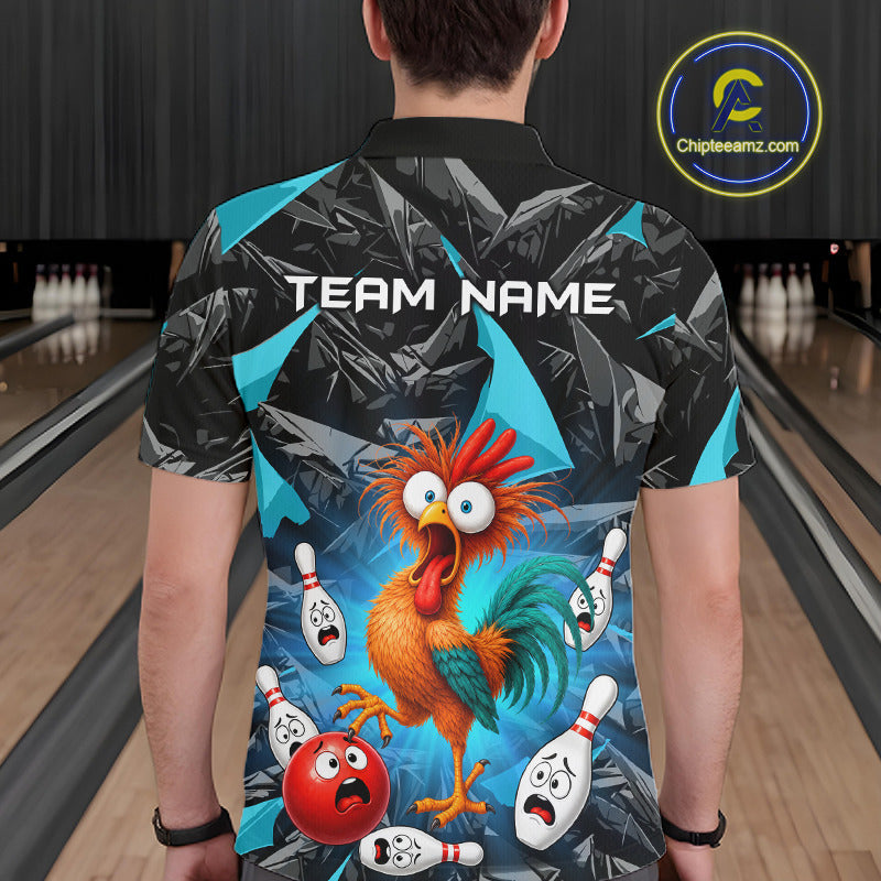 A person viewed from behind wearing a short-sleeve bowling-themed polo shirt with a cartoon rooster, bowling pins, and a blue/black geometric pattern. The shirt has 'TEAM NAME' printed across the upper back.