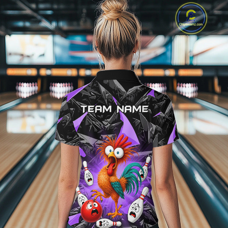 Women wearing personalized bowling quarter zip shirt with a startled rooster surrounded by expressive bowling pins and a bowling ball, creating a playful action scene on a black and purple layout.