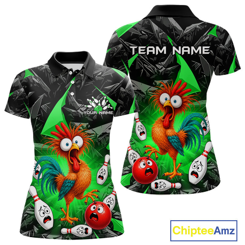 Front and back views of a short-sleeve polo shirt with a colorful cartoon rooster and bowling pins on a black and green background. The shirt includes customizable text placeholders: 'TEAM NAME' on the back and 'YOUR NAME' on the front.