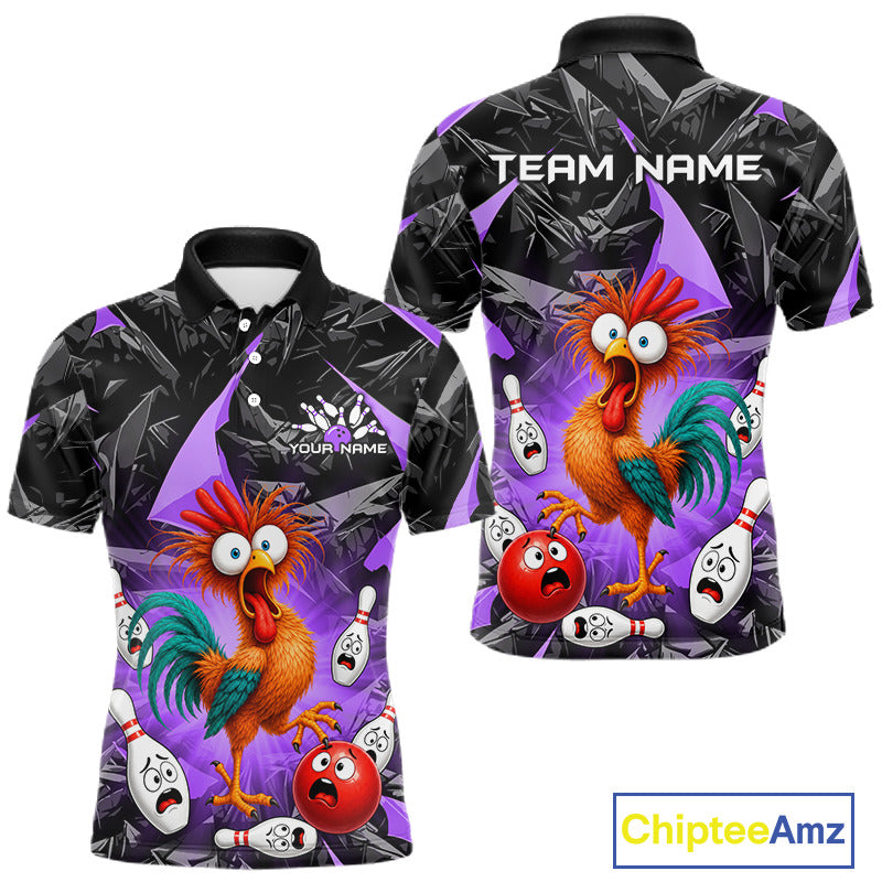 Front and back views of a short-sleeve polo shirt with a colorful cartoon rooster and bowling pins on a black and purple patterned background. The front shows placeholder text 'YOUR NAME' and 'TEAM NAME' on the back.