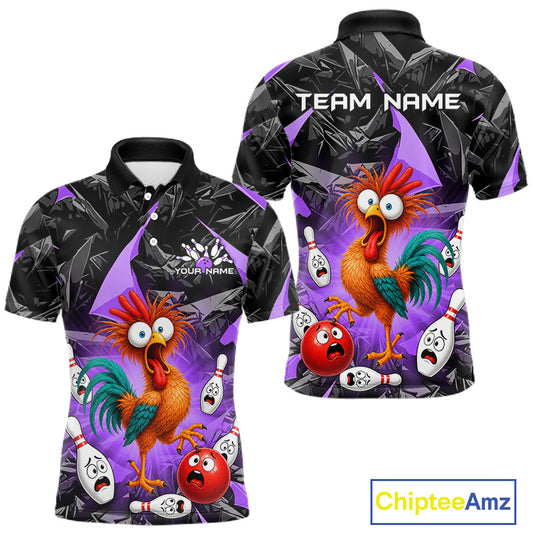 Front and back views of a short-sleeve polo shirt with a colorful cartoon rooster and bowling pins on a black and purple patterned background. The front shows placeholder text 'YOUR NAME' and 'TEAM NAME' on the back.