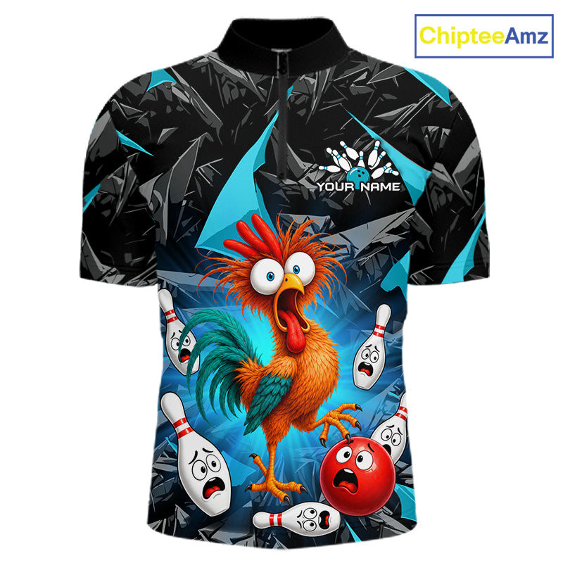 A short-sleeve quarter-zip bowling-themed t-shirt with a black and blue geometric background, featuring a cartoon rooster and bowling pins. The shirt has a placeholder logo on the chest reading 'YOUR NAME' and a 'ChipteeAmz' watermark in the top right corner.