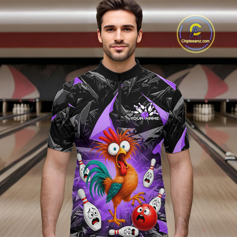 A man wearing a short-sleeve bowling jersey with a colorful cartoon rooster and bowling pins graphic, set against a bowling alley background. A 'Chipteeamz' watermark is visible in the top right corner.