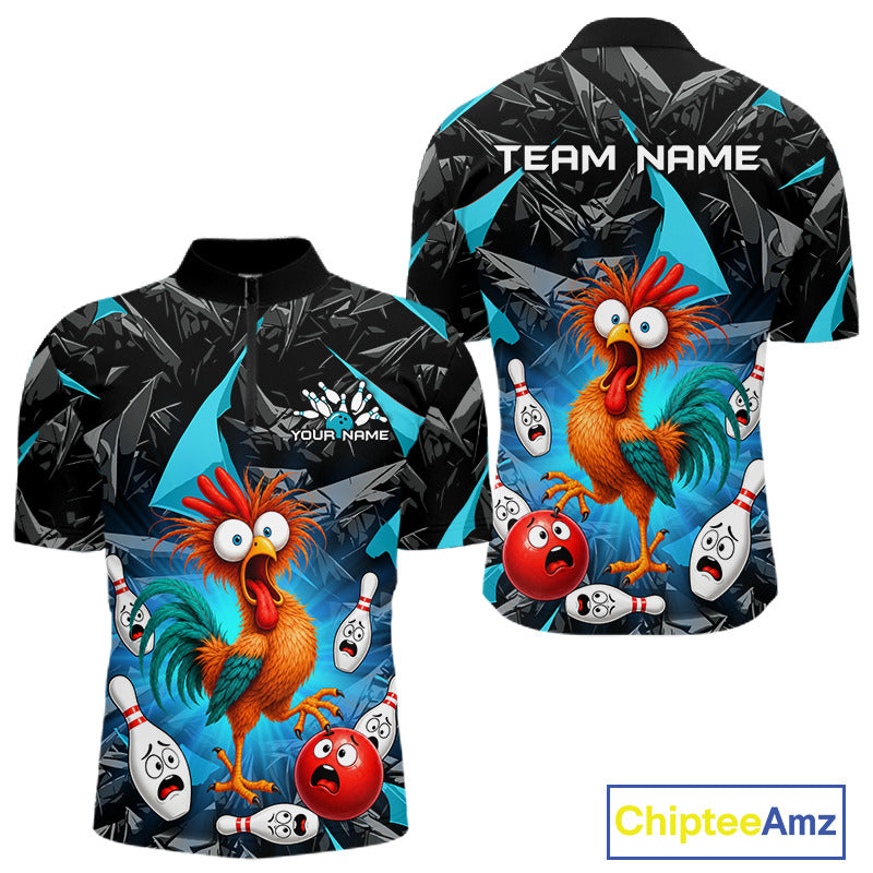 Front and back views of a short-sleeve bowling-themed crewneck shirt on a white background. The shirt features a black and blue geometric pattern with cartoon bowling balls, pins, and a colorful rooster.