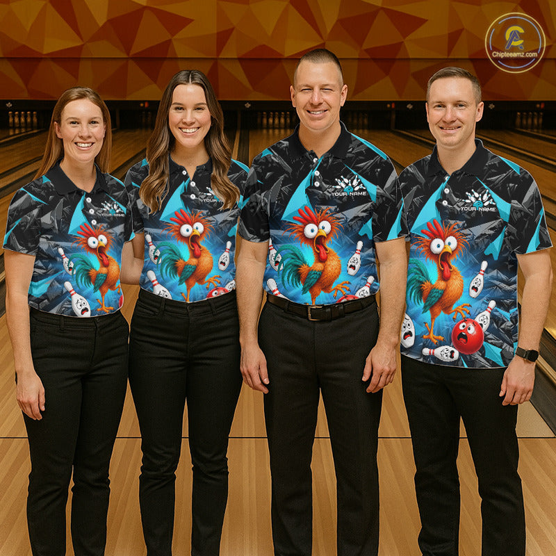 Four people standing together in a bowling alley wearing matching bowling shirts with a colorful cartoon rooster print on a dark patterned background, paired with black pants.