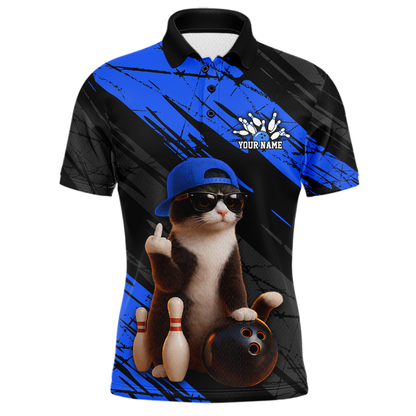 Custom Funny Cat Blue Bowling Jersey for Men Bowling Polo & 1/4 Zip Bowling Team Shirts HNT198