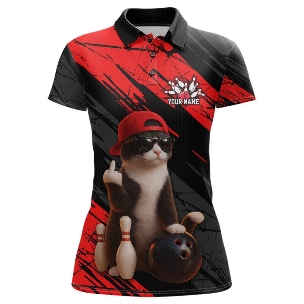 Custom Funny Cat Red Bowling Jersey for Women Bowling Polo & 1/4 Zip Bowling Team Shirts HNT198