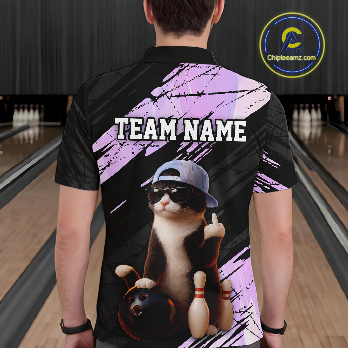 Custom Funny Cat Holographic Bowling Jersey for Men Bowling Polo & 1/4 Zip Bowling Team Shirts HNT198