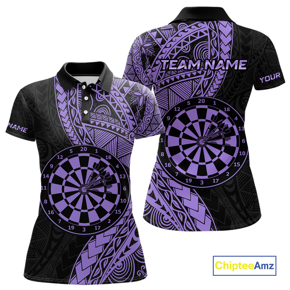 Custom Purple Tribal Dart Shirts for Women Dart Team Jersey Dartboard Gifts Polo & 1/4 Zip NNT163