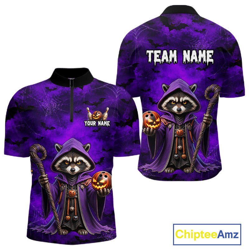 A short-sleeve polo shirt shown from the front and back, featuring a Halloween-themed graphic of a hooded raccoon holding a pumpkin and staff, on a purple stormy background. The front has placeholder text 'YOUR NAME' and a small graphic, while the back has 'TEAM NAME'.