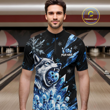 Load image into Gallery viewer, Man wearing a black shirt with a wolf design in a bowling alley