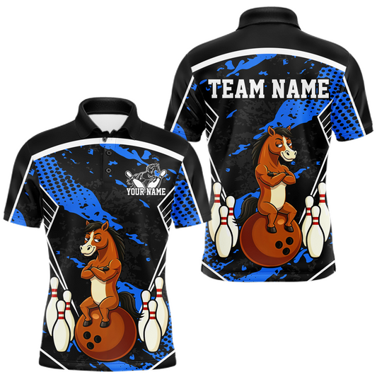 Custom Blue Funny Horse Bowling Tournament Jersey for Men Bowling Team Shirts Polo & 1/4 Zip HNT180