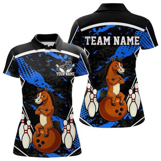 Custom Blue Funny Horse Bowling Tournament Jersey for Women Bowling Team Shirts Polo & 1/4 Zip HNT180