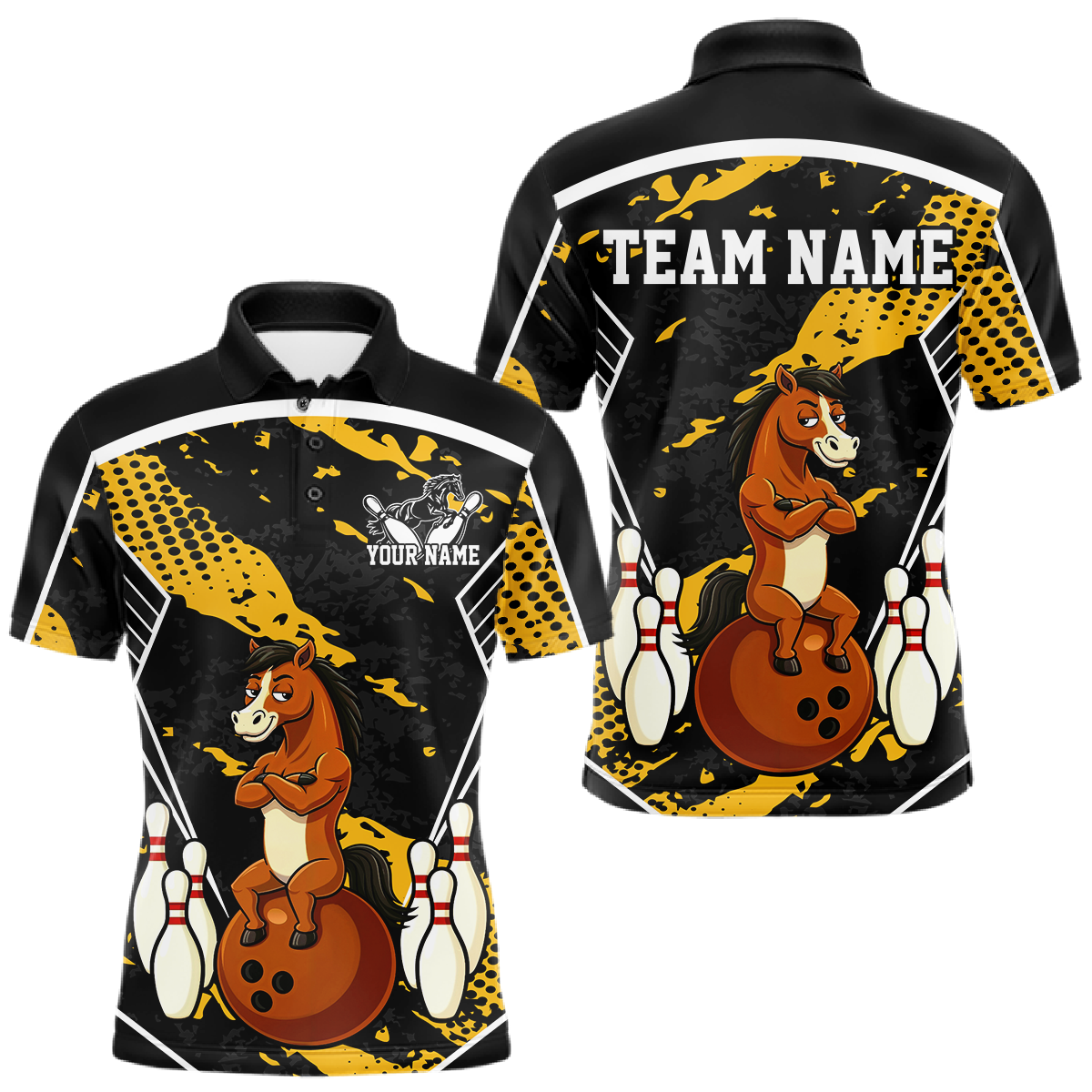 Custom Yellow Funny Horse Bowling Tournament Jersey for Men Bowling Team Shirts Polo & 1/4 Zip HNT180