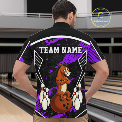 Custom Purple Funny Horse Bowling Tournament Jersey for Men Bowling Team Shirts Polo & 1/4 Zip HNT180