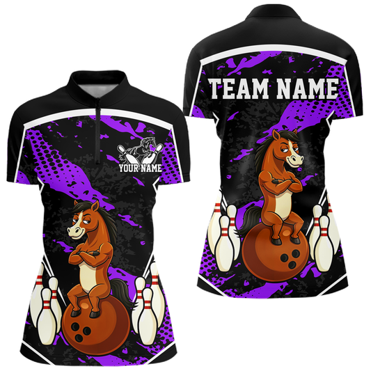 Custom Purple Funny Horse Bowling Tournament Jersey for Women Bowling Team Shirts Polo & 1/4 Zip HNT180