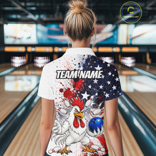 Load image into Gallery viewer, Women’s us flag chicken bowling polo shirt, back view on female model in bowling lane 