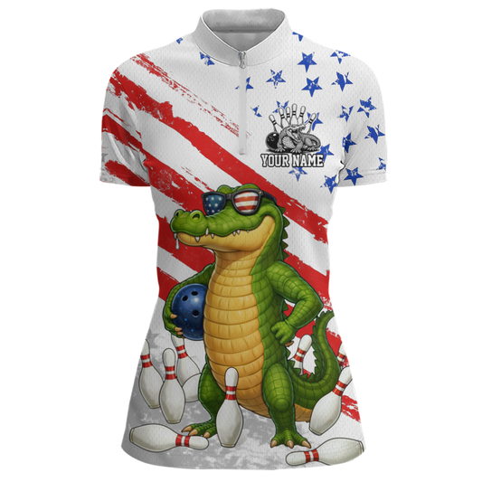 Custom US Flag Funny Alligator Bowling shirts for Women, Crocodile Bowling Team Jerseys HNT206