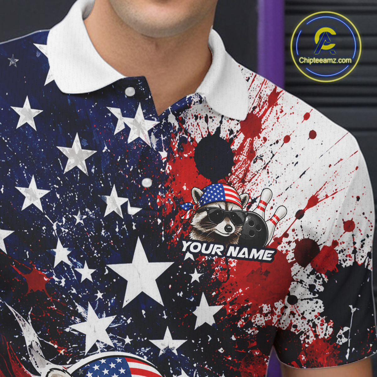 Men’s us flag raccoon bowling polo shirt with custom name, angled front view showing custom team design 
