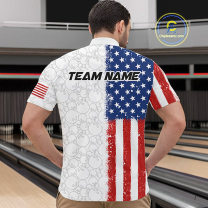 A man viewed from behind wearing a short-sleeve bowling shirt with a distressed American flag design on the back and a bowling pin pattern on the left side. The shirt has 'TEAM NAME' printed across the upper back.