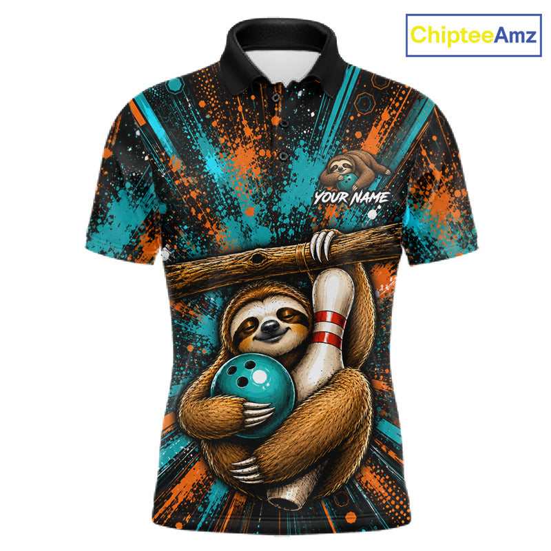 A short-sleeve polo shirt with a black collar, featuring a vibrant all-over print of a sloth holding a bowling ball and pins, with a teal bowling pin and abstract teal and orange paint splatter background. The shirt includes a customizable text placeholder 'YOUR NAME' on the upper chest.