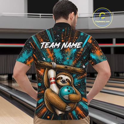 A man viewed from behind wearing a short-sleeve bowling-themed bowling shirt with a colorful sloth graphic and 'TEAM NAME' text, standing in a bowling alley.
