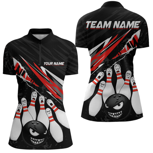 Custom Red Funny Bowling Jersey for Women Bowling Uniform Polo & 1/4 Zip Bowling Team Shirts HNT128