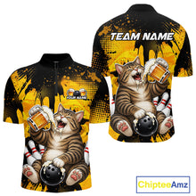 Load image into Gallery viewer, Shirt with a cat design holding a beer and bowling ball, featuring 'Team Name' text on a yellow and black background.