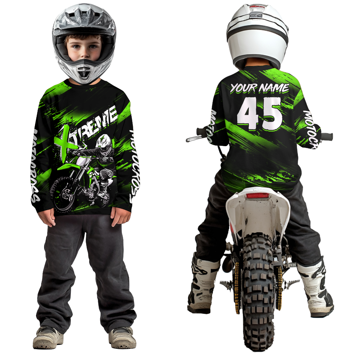 Green Youth Motocross Jersey Custom Dirt Bike Extreme Shirts for Kid Men Women UPF30+ DNT21