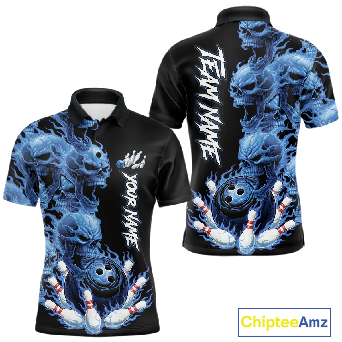 Custom Flame Skull Bowling Jerseys for Men Bowling League Polo & 1/4 Zip Bowling Team Shirts HNT203