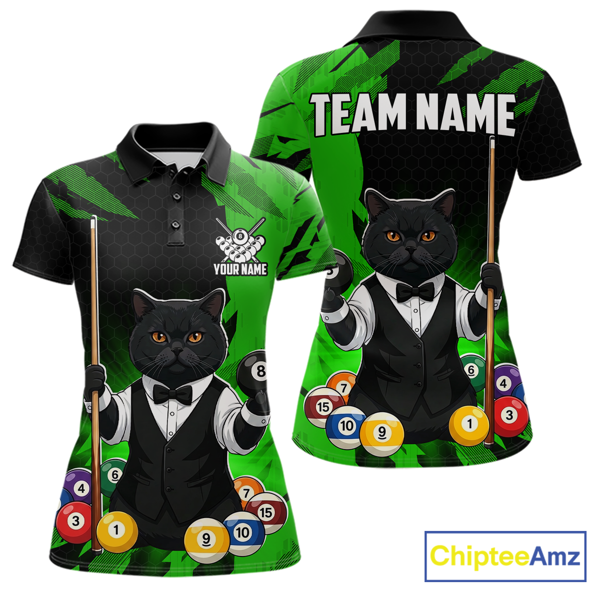 Custom Black Cat 8 Ball Pool Shirts Green Billiard Shirt for Women Billiard Team Jersey Billiard Gift NNT181