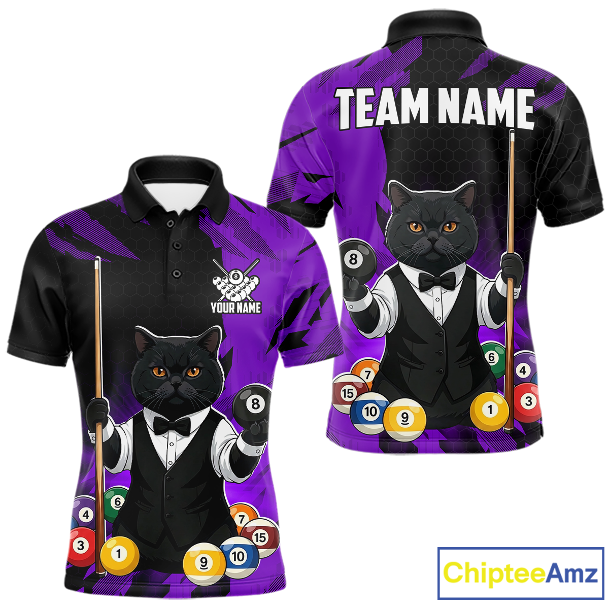 Custom Black Cat 8 Ball Pool Shirts Purple Billiard Shirt for Men Billiard Team Jersey Billiard Gift NNT181