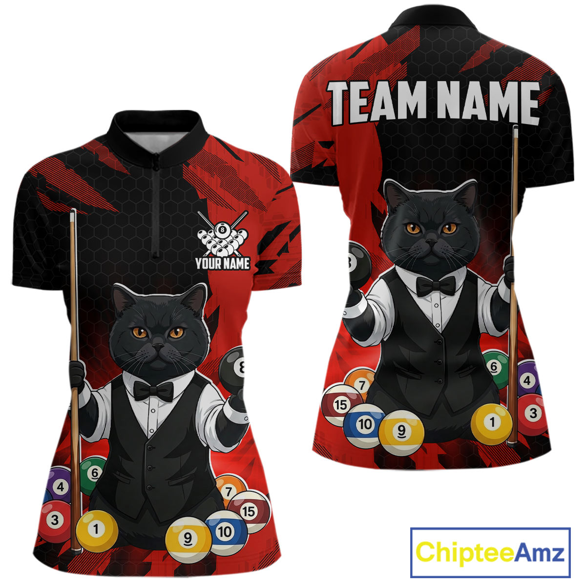 Custom Black Cat 8 Ball Pool Shirts Red Billiard Shirt for Men Billiard Team Jersey Billiard Gift NNT181