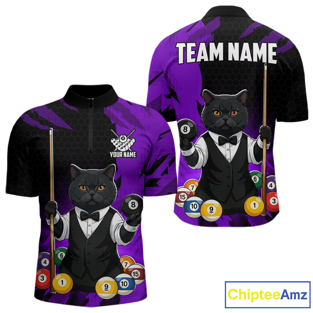 Custom Black Cat 8 Ball Pool Shirts Purple Billiard Shirt for Men Billiard Team Jersey Billiard Gift NNT181