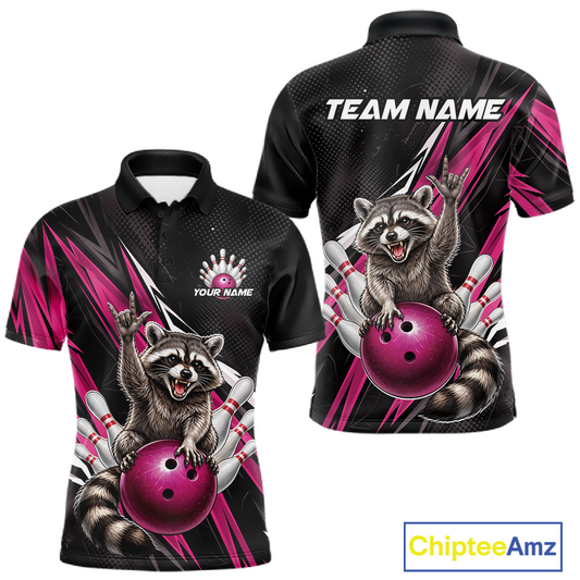 Custom Pink Raccoon Bowling Jersey for Men Bowling Team Shirts Bowling Polo & 1/4 Zip HNT254